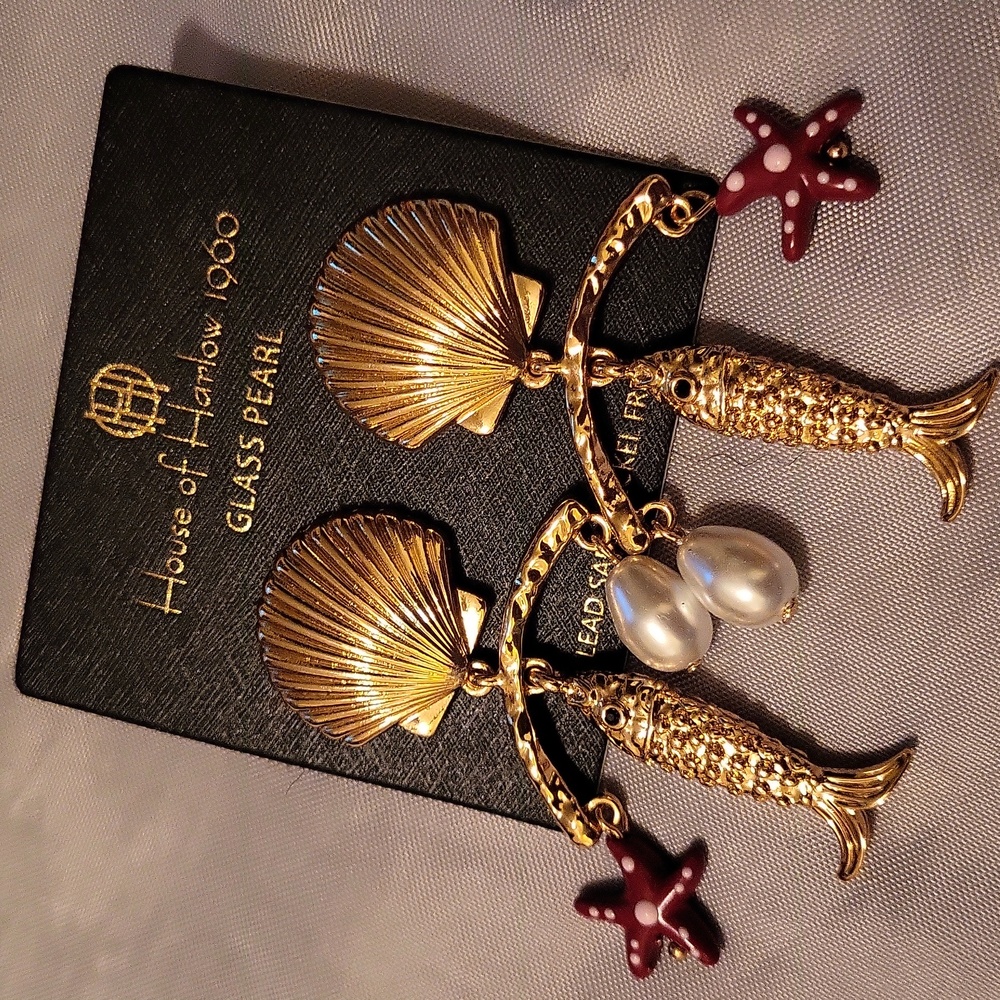 House of Harlow Golden Fish Shell Earrings